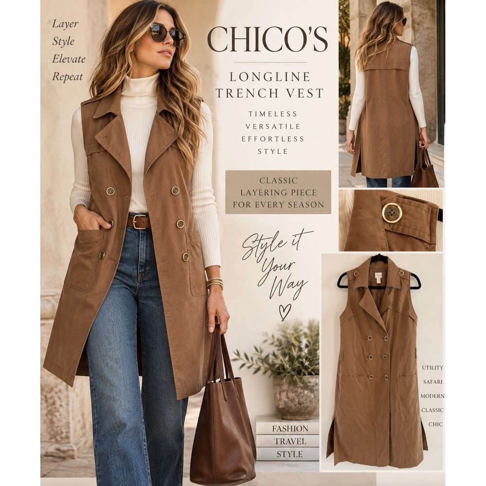 Chico's Brown Longline Trench Vest Size 0 S Double Breasted Utility Safari